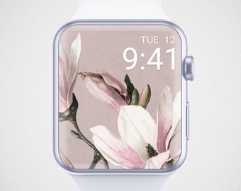 Floral Apple Watch Wallpaper, Watercolor Flower Watch Face, Elegant Watch Background, Minimal Watch Screensaver, Pink Magnolia Aesthetics