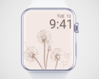 Dandelion Apple Watch Wallpaper, Floral Watch Face, Line Art Watch Screensaver, Minimal Watch Face, Beige Simple Spring Flower Aesthetics