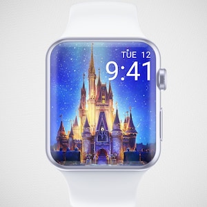 Fondo de pantalla del Apple Watch de Magic Kingdom, fondo festivo del reloj inteligente, esfera del reloj de invierno, estética del protector de pantalla del reloj de dibujos animados de Mickey Mouse