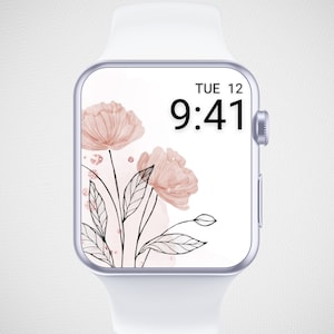 Sfondo floreale per Apple Watch, quadrante con fiori ad acquerello, salvaschermo con motivo a linee per Watch, sfondo botanico per Watch, estetica con linee nere