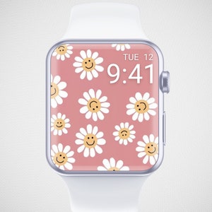 Sfondo Apple Watch con fiore sorridente, quadrante floreale, sfondo smartwatch con fiore, salvaschermo carino con margherite, estetica hippie divertente