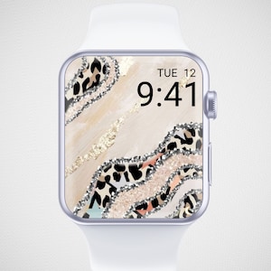 Leopard-Druck-Apple-Uhr-Tapete, Geparden-Druck-Uhr-Gesicht, Wildtier-Druck-Uhr-Bildschirmschoner, Gold-Glitter-Uhr-Hintergrundästhetik