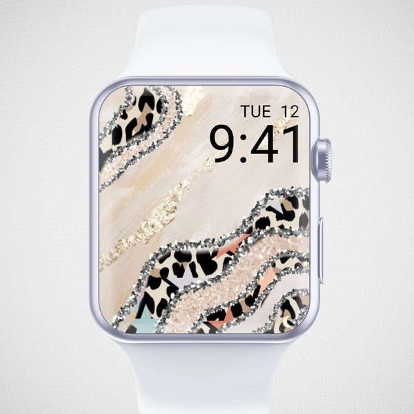 Leopard Print Apple Watch Wallpaper, Cheetah Print Watch Face, Wild Animal Print Watch Screensaver, Gold Glitter Watch Background Aesthetics