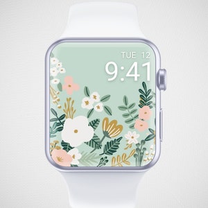 Sfondo floreale per Apple Watch, quadrante con fiori ad acquerello, sfondo verde menta per orologio, salvaschermo minimalista per orologio, estetica con motivo floreale