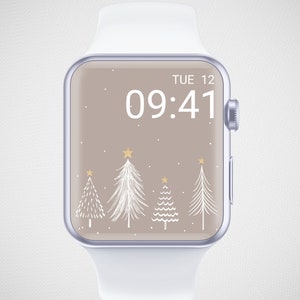 Christmas Apple Watch Wallpaper, Winter Smartwatch Background, Beige Festive Xmas Watch Face, Cute Festive White Christmas Tree Aesthetics