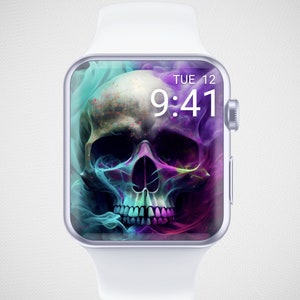 ネオンスカルのApple Watch壁紙、ハロウィンウォッチフェイス、秋のスマートウォッチ背景、秋のウォッチスクリーンセーバー、不気味なスケルトン美学