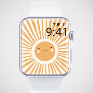Sfondo Apple Watch Sunshine, quadrante orologio primavera, sfondo smartwatch felice, screensaver orologio hippie retrò, estetica del sole dei cartoni animati carini