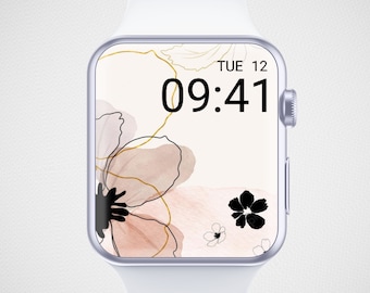 Apple Watch Wallpaper, Smartwatch Background, Digital Watch Face, Minimal Floral Wallpaper, Pink Beige Watercolor Flower Line Art Aesthetics