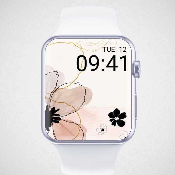 Apple Watch Wallpaper, Smartwatch Background, Digital Watch Face, Minimal Floral Wallpaper, Pink Beige Watercolor Flower Line Art Aesthetics