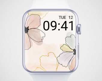 Floral Apple Watch Wallpaper, Smartwatch Background, Digital Watch Face, Minimal Wallpaper, Pink Beige Watercolor Flower Line Art Aesthetics