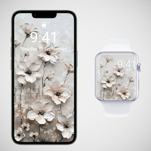 May include: A white iPhone with a floral wallpaper and the time 9:41 displayed. The date is Tuesday, 12 September. A white Apple Watch with the same floral wallpaper and the time 9:41 displayed. The date is Tue 12.