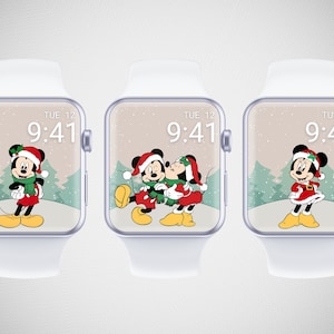 Fondo de pantalla de Mickey Mouse Apple Watch, fondo de reloj inteligente de invierno, esfera festiva del reloj navideño, linda esfera del reloj de dibujos animados, linda estética navideña