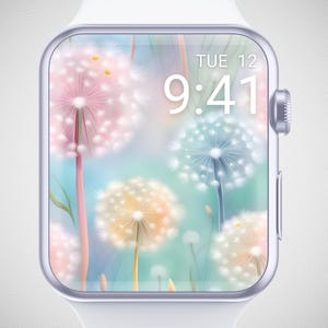 Peut inclure: Une montre connectée blanche avec un écran affichant un motif de pissenlits aux couleurs pastel. L'écran affiche l'heure 9h41 et le jour de la semaine, mardi. Le fond présente des pissenlits roses, jaunes et bleus.