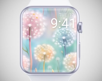 Fondo de pantalla de diente de león pastel para Apple Watch, esfera floral, fondo de flores para smartwatch, protector de pantalla botánico, estética veraniega.