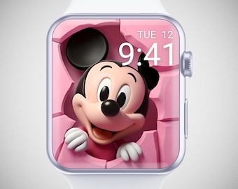 Fondo de pantalla de Mickey Mouse para Apple Watch, fondo de reloj con dibujos animados en 3D, esfera de reloj Magic Kingdom, estética rosa femenina y adorable.