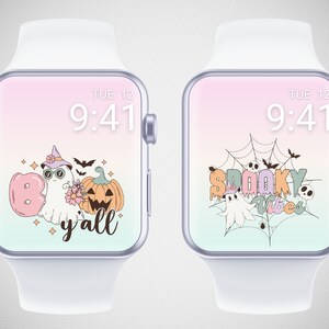 Sfondo pastello di Halloween per Apple Watch, sfondo autunnale per smartwatch, quadrante autunnale per orologio, simpatico salvaschermo retrò con fantasma per orologio, estetica spettrale