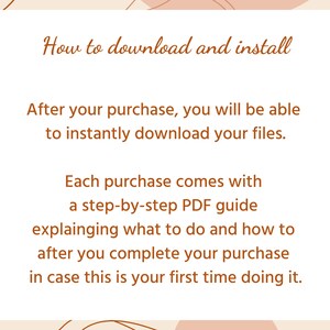 Puede incluir: Texto sobre un fondo blanco con texto marr&oacute;n que explica c&oacute;mo descargar e instalar archivos digitales despu&eacute;s de la compra. El texto tambi&eacute;n menciona una gu&iacute;a PDF paso a paso incluida con cada compra.