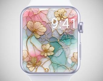 3D Floral Apple Watch Wallpaper, Pastel Marble Watch Face, Spring Watch Screensaver, Summer Watch Background, Elegant Flower Aesthetic