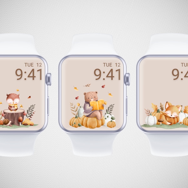 Forest Animals Apple Watch Wallpaper, Pumpkin Watch Face, Fall Smartwatch Background, Watercolor Watch Screensaver, Cottagecore Aesthetics