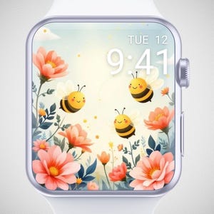 Sfondo con api carine per Apple Watch, quadrante floreale per orologio, sfondo con ape per orologio, salvaschermo con cartoni animati per orologio, estetica con un'atmosfera estiva allegra