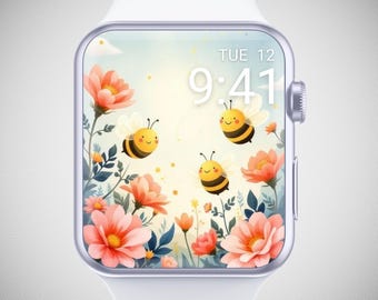 Abeilles mignonnes Papier peint Apple Watch, Cadran floral, Arrière-plan de montre bourdon, Économiseur d'écran de montre de dessin animé, Esthétique ambiance joyeux été