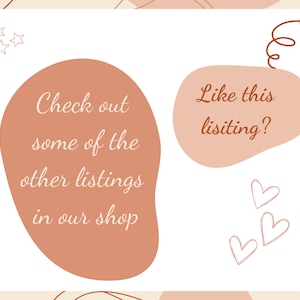 Może przedstawiać: Ilustracja cyfrowa z brzoskwiniowym tłem i brązowymi abstrakcyjnymi kształtami. Tekst "Check out some of the other listings in our shop" znajduje się w brzoskwiniowym kształcie. Tekst "Like this listing?" znajduje się w brzoskwiniowej chmurce z brązowym zakręconym ogonkiem.