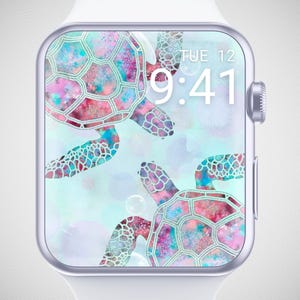 Sfondo per Apple Watch con tartaruga marina pastello, quadrante per orologio da spiaggia, sfondo per smartwatch natalizio, screensaver per orologio con acquario, estetica estiva