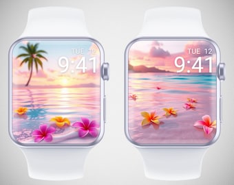 Tropical Sunset Apple Watch Wallpaper, Ocean Flower Watch Face, Pink Sunset Watch Background, Beach Watch Screensaver, Cute Summer Aesthetic