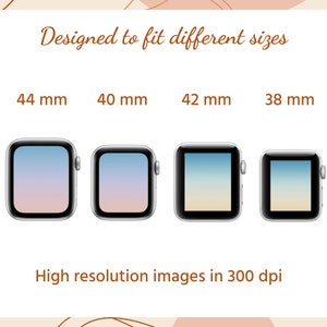 May include: Image showing four smartwatches in different sizes: 44 mm, 40 mm, 42 mm, and 38 mm. The text "Designed to fit different sizes" and "High resolution images in 300 dpi" are also displayed.