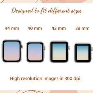 Może przedstawiać: Cztery r&oacute;żne rozmiary tarcz zegarka Apple Watch, 44 mm, 40 mm, 42 mm i 38 mm, z gradientowym tłem w kolorze r&oacute;żowym, niebieskim i ż&oacute;łtym. Obrazy o wysokiej rozdzielczości w 300 dpi.