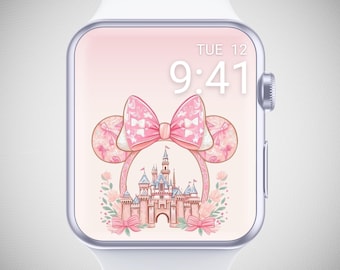 Fondo de pantalla de Magic Kingdom para Apple Watch, fondo de Minnie Mouse, esfera de Mickey Mouse, dibujo de flores rosas con un bonito diseño estético.