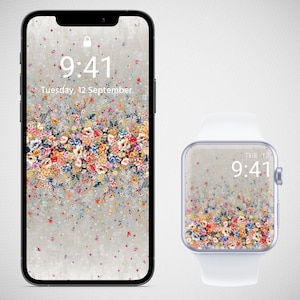 Set di sfondi coordinati per iPhone e Apple Watch, quadrante floreale, sfondo salvaschermo floreale per telefono, carta da parati estetica con fiori ad acquerello