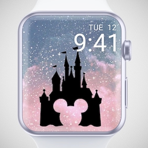 Sfondo Apple Watch Magic Kingdom, Sfondo Orologio Minnie Mouse, Quadrante Orologio Topolino, Quadrante Orologio Tramonto, Estetica Silhouette Castello