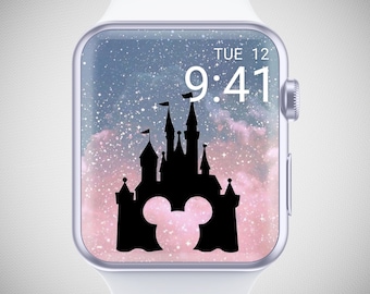 Fondo de pantalla de Magic Kingdom para Apple Watch, fondo de Minnie Mouse, esfera de Mickey Mouse, esfera de atardecer, silueta de castillo