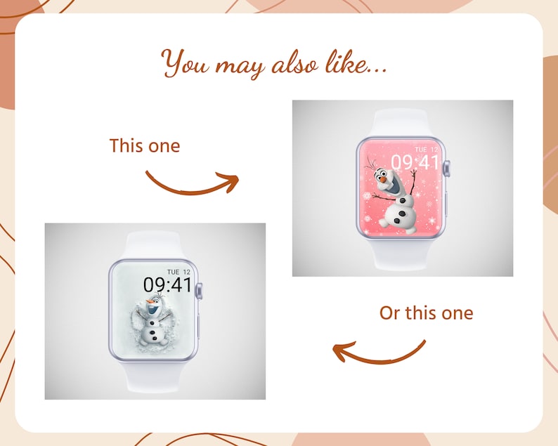 May include: White smartwatch with a digital display featuring Olaf the snowman from Frozen. The screen shows the time as 09:41 and the day as Tuesday. The watch has a white strap and a square face.