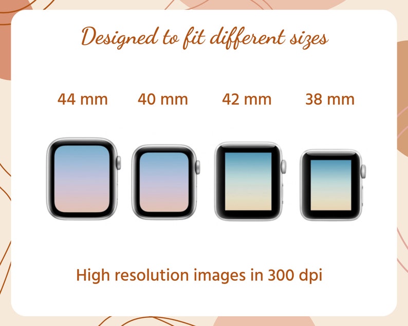 Puede incluir: Cuatro tama&ntilde;os diferentes de esferas de Apple Watch, 44 mm, 40 mm, 42 mm y 38 mm, con un fondo degradado de rosa, azul y amarillo. Im&aacute;genes de alta resoluci&oacute;n en 300 dpi.