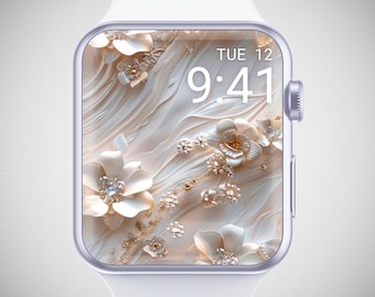 Sfondo floreale 3D per Apple Watch, quadrante minimalista, salvaschermo per orologio con gioielli, sfondo per orologio con fiori femminili, elegante estetica beige
