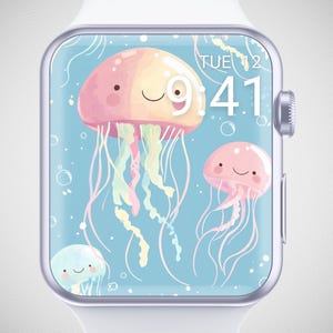 Sfondo con meduse pastello per Apple Watch, quadrante da spiaggia per orologio, sfondo per smartwatch natalizio, screensaver per orologio con acquario, estetica estiva carina