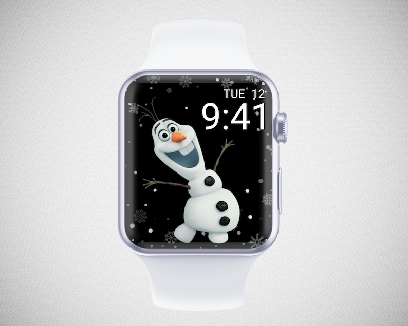 May include: A white smartwatch with a screen displaying Olaf from Frozen against a black background with snowflakes. The time is 9:41 AM, and the day is Tuesday. The watch has a white band.