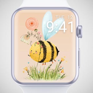 Sfondo con un'ape carina per Apple Watch, quadrante floreale per orologio, sfondo con un'ape per orologio, salvaschermo con cartoni animati per orologio, estetica con un'atmosfera estiva allegra