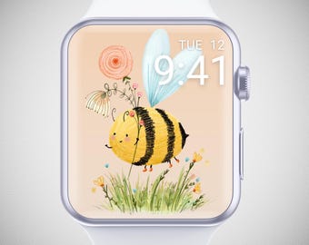 Papier peint Apple Watch abeille mignonne, cadran floral, arrière-plan de montre bourdon, économiseur d'écran de montre de dessin animé, ambiance joyeuse esthétique d'été