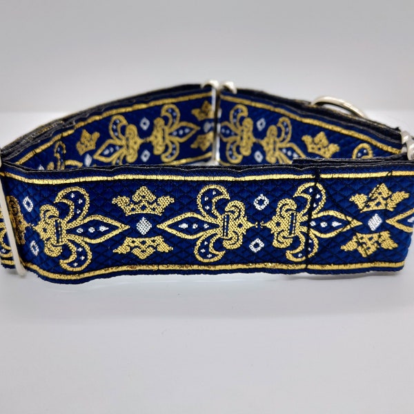 Gold Fleur-de-Lis & Crown Design on Diamond Textured Navy Base, Dog Collar, Martingale Collar, Clip Collar