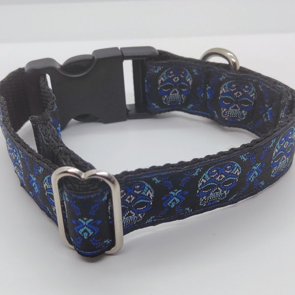 Deep and Electric Blue Calavera Skulls, Dog Collar, Martingale Collar, Clip Collar