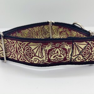 Gold Dragons and Celtic Knots on Maroon Background, Dog Collar, Martingale Collar, Clip Collar