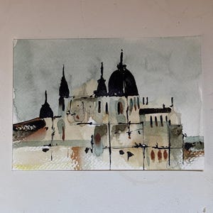 Acuarela original de Madrid con la Catedral de la Almudena. Obra de acuarela hecha a mano sobre papel. Postal original sobre papel.