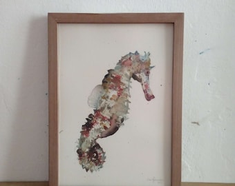 Handmade Seahorse Watercolor Painting – Framed Original Art – Coastal Boho Decor