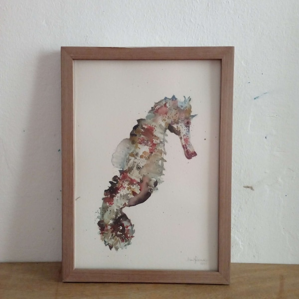 Seahorse watercolor painting (wooden tailor-made frame included)