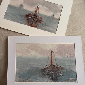Set di 2 piccole imbarcazioni acquerellate – Tramonto sull'oceano – Originale fatto a mano