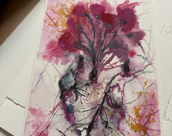 Floral Human Heart Watercolor Painting – Blooming Heart Art – Handmade Original
