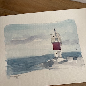 Original Watercolor Painting of Red and White Lighthouse with the Sea. Handmade Watercolor Art piece on paper. Original Art Piece.